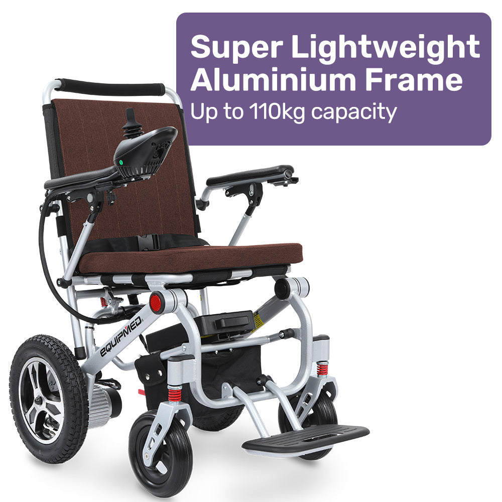 Ultra-Light Power Wheelchair, Tight Turning Electric Motorised Wheel Chair, Folding, ARTG Certified, Aluminium Frame, Lithium Battery, Brown