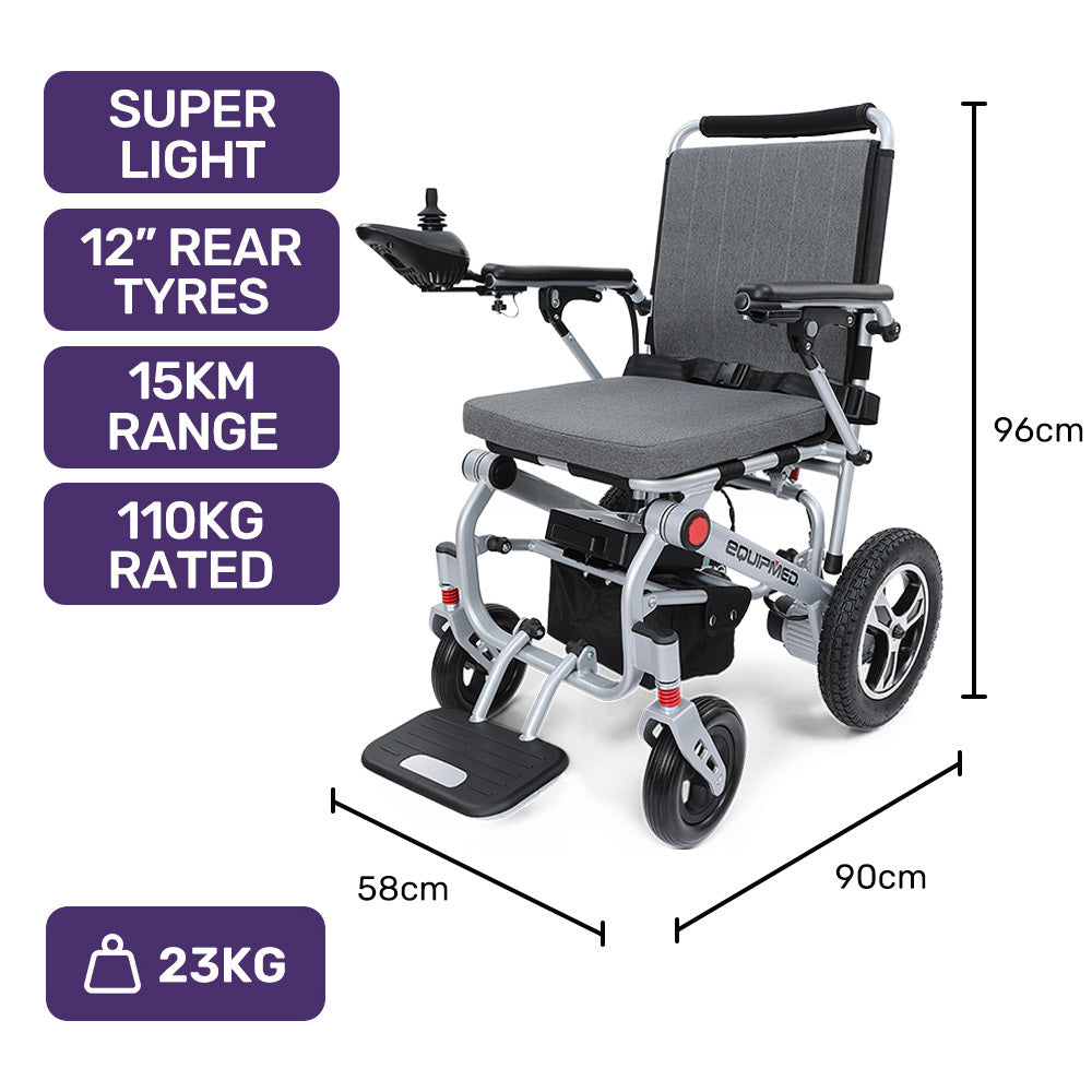 EQUIPMED Ultra-Light Power Wheelchair, Tight Turning Electric Motorised Wheel Chair, Folding, ARTG Certified, Aluminium Frame, Lithium Battery, Grey