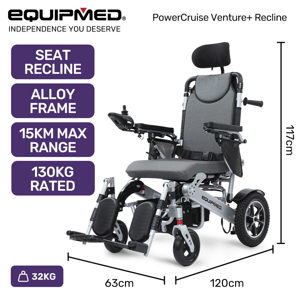 Full Recline motorised Wheelchair 130kG rated 15klm range alloy frame