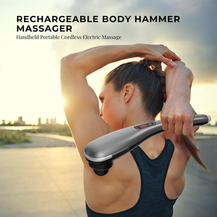 Woman using a rechargeable body hammer massager 
5 strength modes and 6 speed modes
Rechargeable 7 massage heads