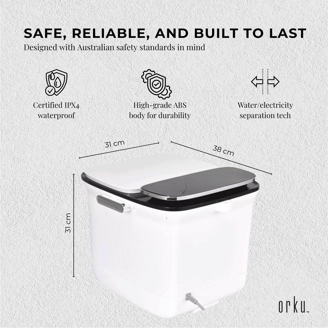Heated Foot/Water Massager 
Weight 3.35Kg
Capacity: 10L
Heating Temperature: Approx. 35 -42 degrees Celsius
Cord Length: 60cm