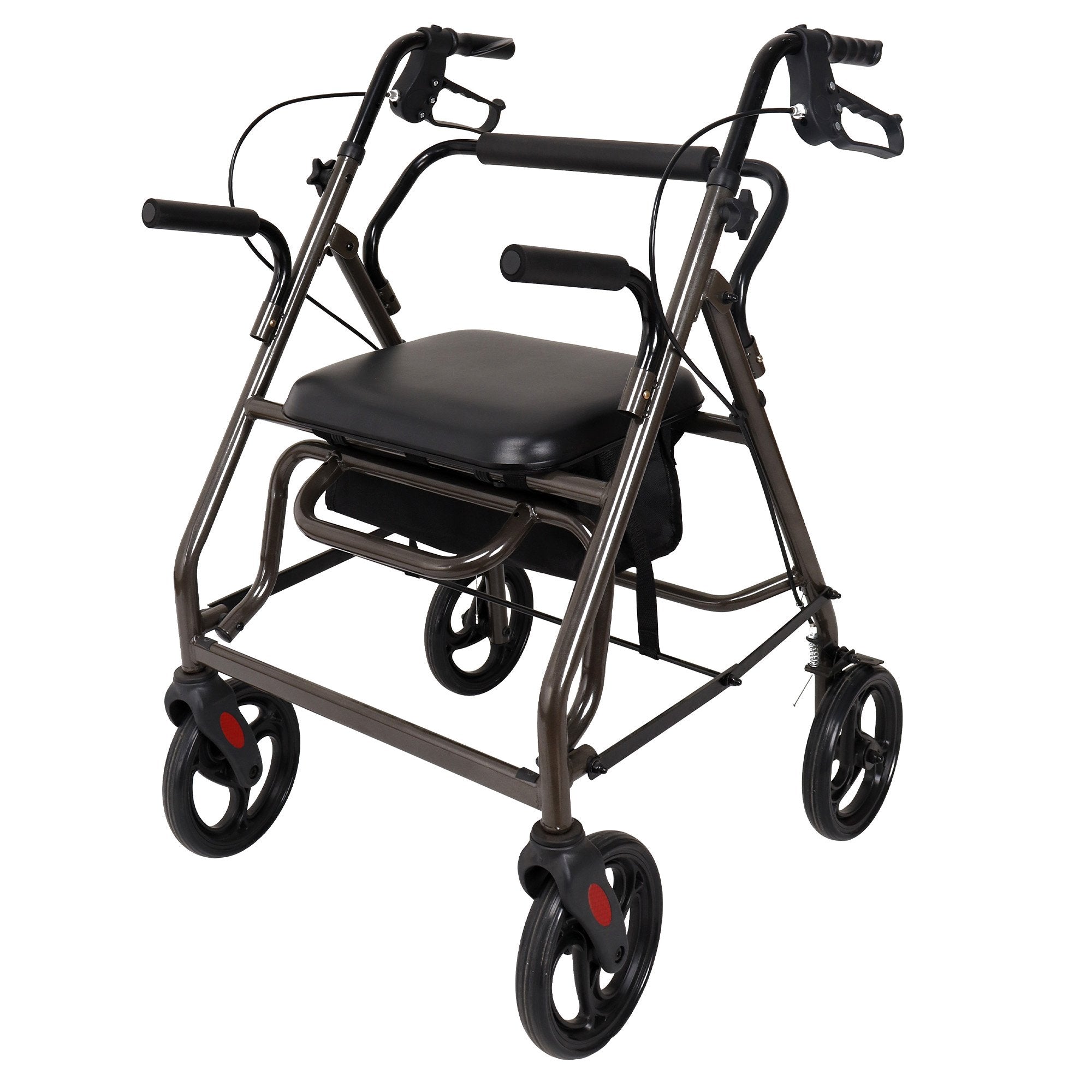 Black foldable walker with padded storage seat and dual side handles