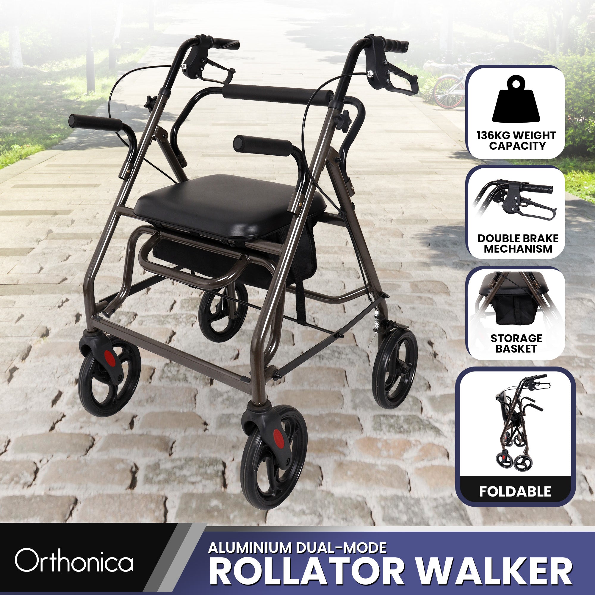 Orthonica Foldable Steel Frame Rollator Walker Lightweight Mobility Aid in Grey