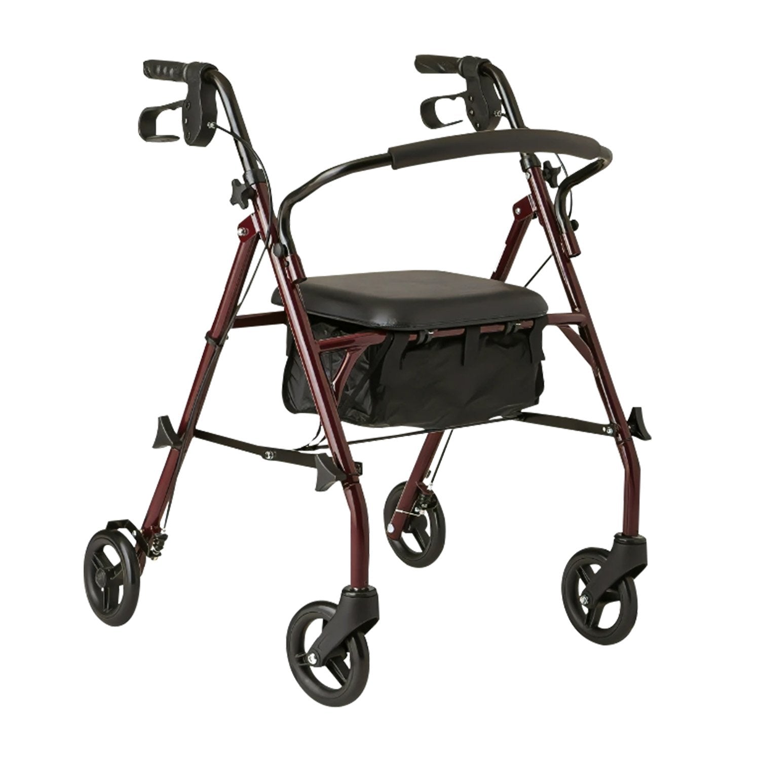 Red rollator, wheelie walker with a black seat for independence 