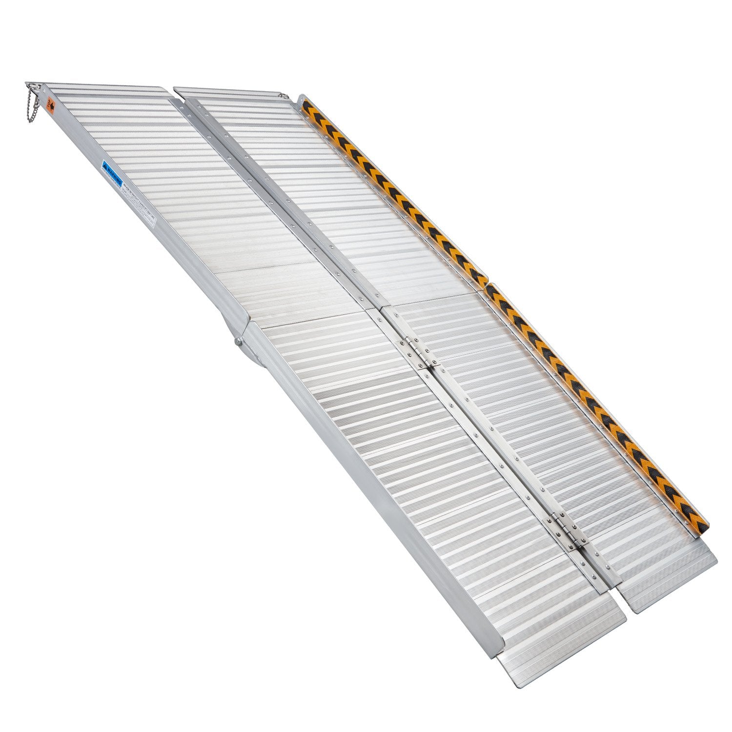 Aluminium ramp with yellow and black striped warning tape on a white background