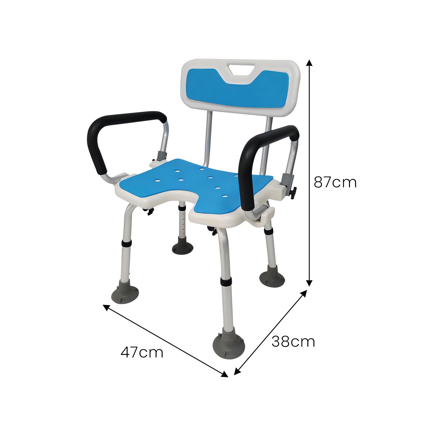 Blue and white adjustable shower chair Adjustable armrests
Aluminium frame
Height-adjustable
Slip-resistant foam pad
Tool-free assembly
Water and skid-proof
Dimensions (L x W x H): 47 x 38 x 87cm
