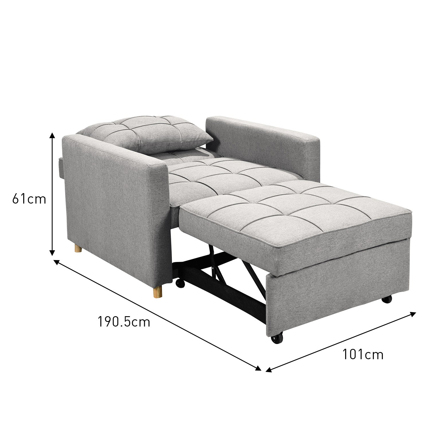Suri 3-in-1 Convertible Chair Bed, Grey with Wooden legs. Bed size 190.5cm x 101cm x 61cm