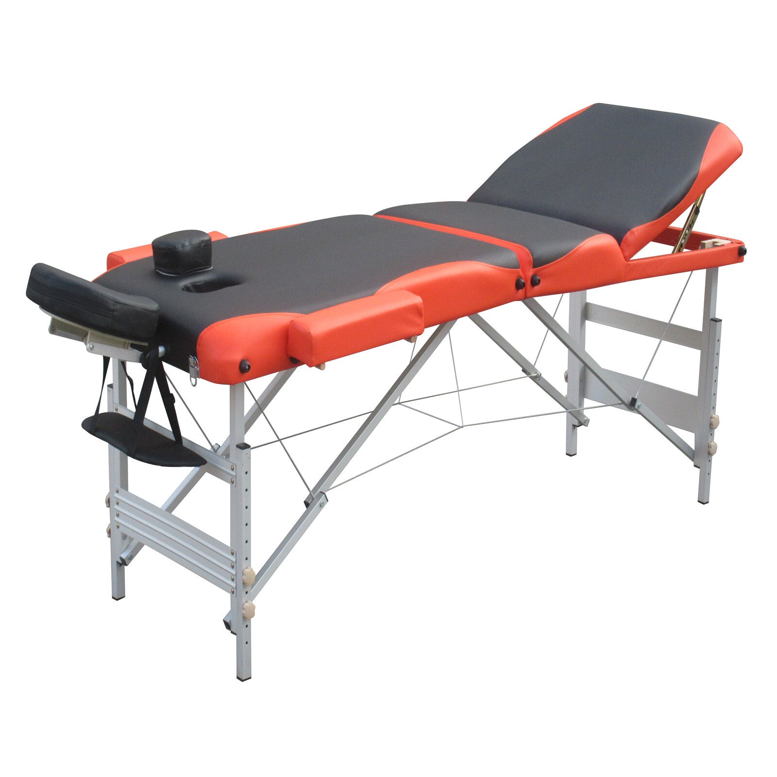 Portable massage table with black and orange 
High-quality vinyl - oil and waterproof
Heavy-duty aluminium frame
FREE Carry Bag
FREE Disposable Cover Set of 4 pieces (1 x headrest, 2 x armrest and 1 x massage table)