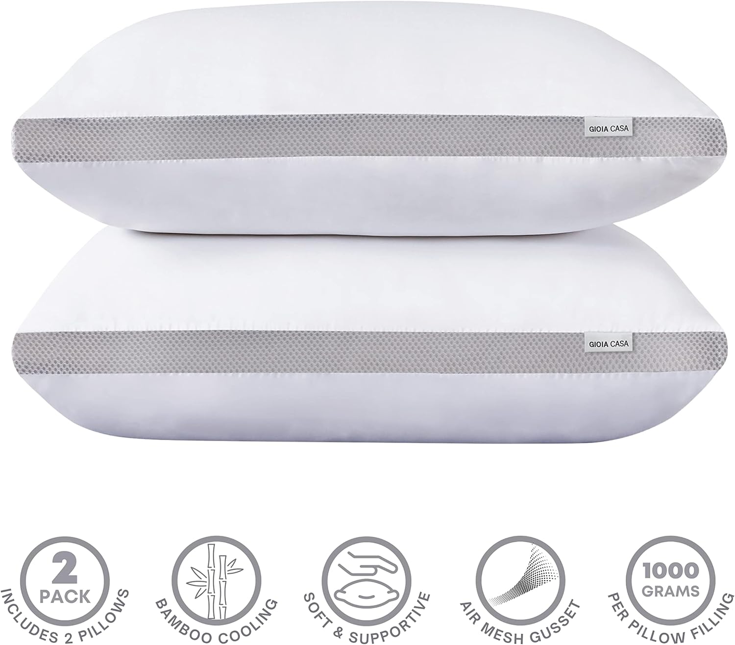Two white pillows with gray mesh gussets on a white background, featuring the brand 'Nook & Cube'.