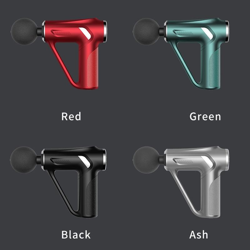 Red, Black, Green and Ash Electric triangular fascia massage gun with green LCD. Compact 0.8kg design, professional muscle therapy.