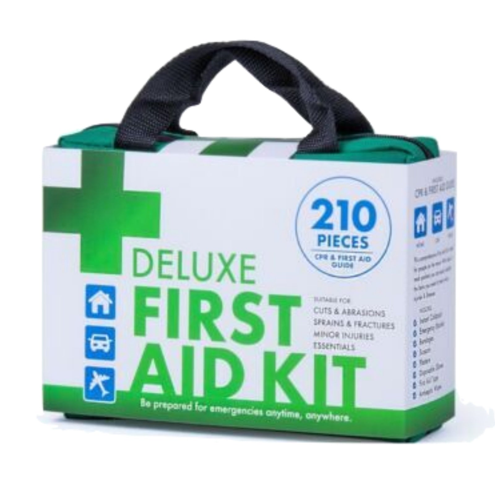 Box of a deluxe first aid kit with green and white design on a white background