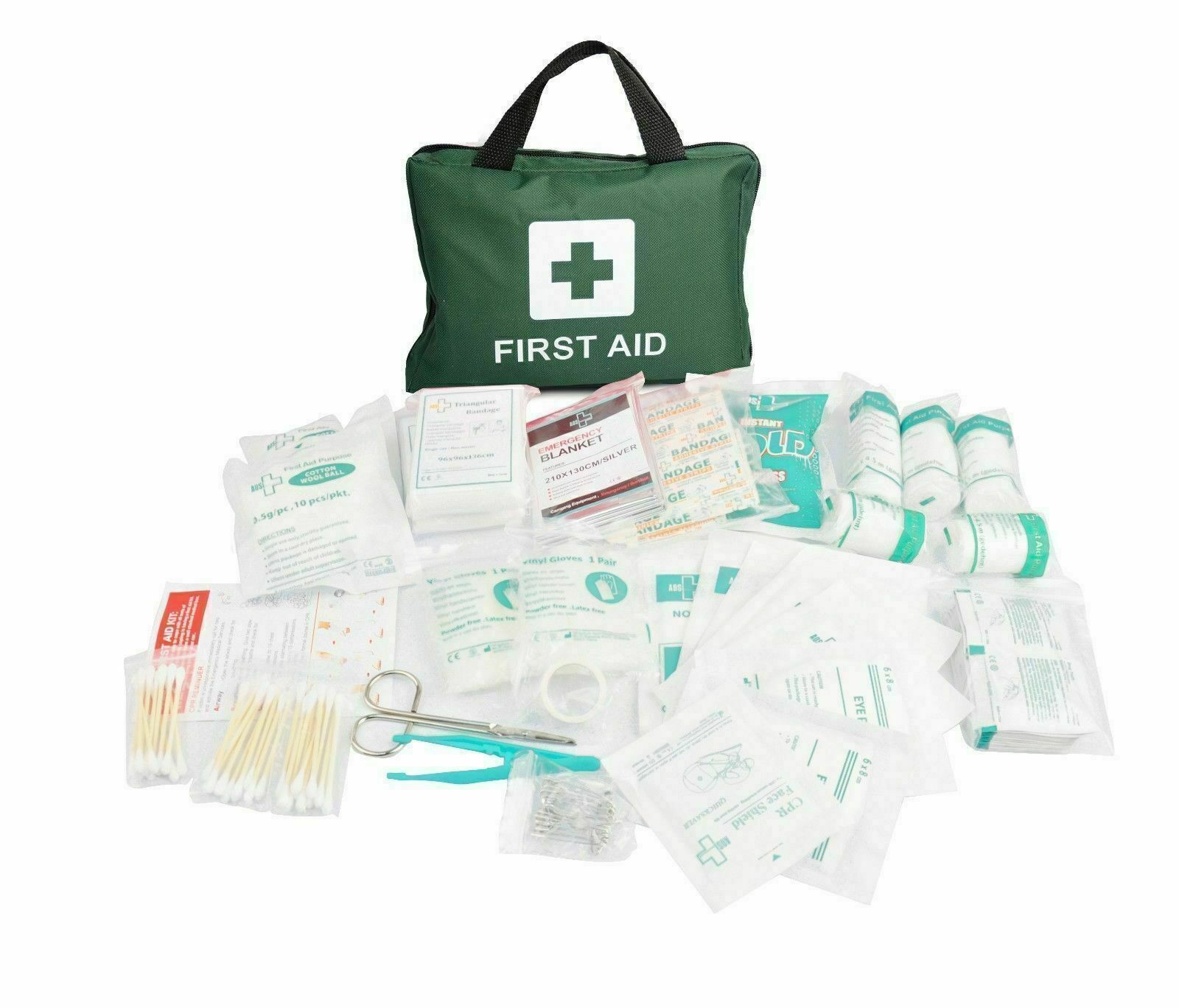 First aid kit with various supplies on a white background