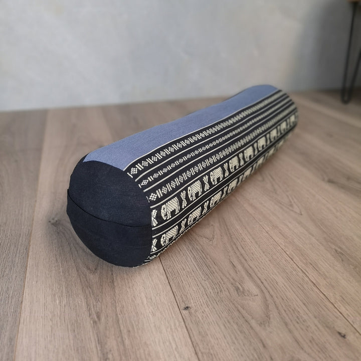 Yoga bolster with elephant pattern
Dimension (LxWxH in CMs):Approx. 65cm x 16cm x 16cm
Made: 100% Handmade Cotton Fabric
Stuffing: 100% Organic Kapok Fibre