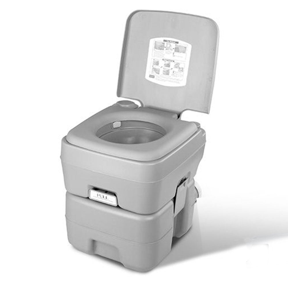 Portable gray toilet with open lid on a white background