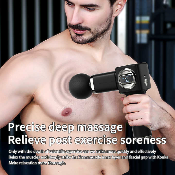 Man using a handheld massage gun Ball head for large muscle groups
Flat head for relaxation and shaping
Bullet head for deep tissue and trigger points
Fork head for spine and neck areas