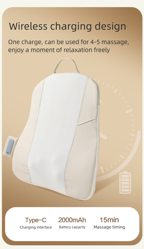 Beige Slim Wireless Shiatsu Back Massager Cushion - Rechargeable Heated Massage Pad for Full Back Relief