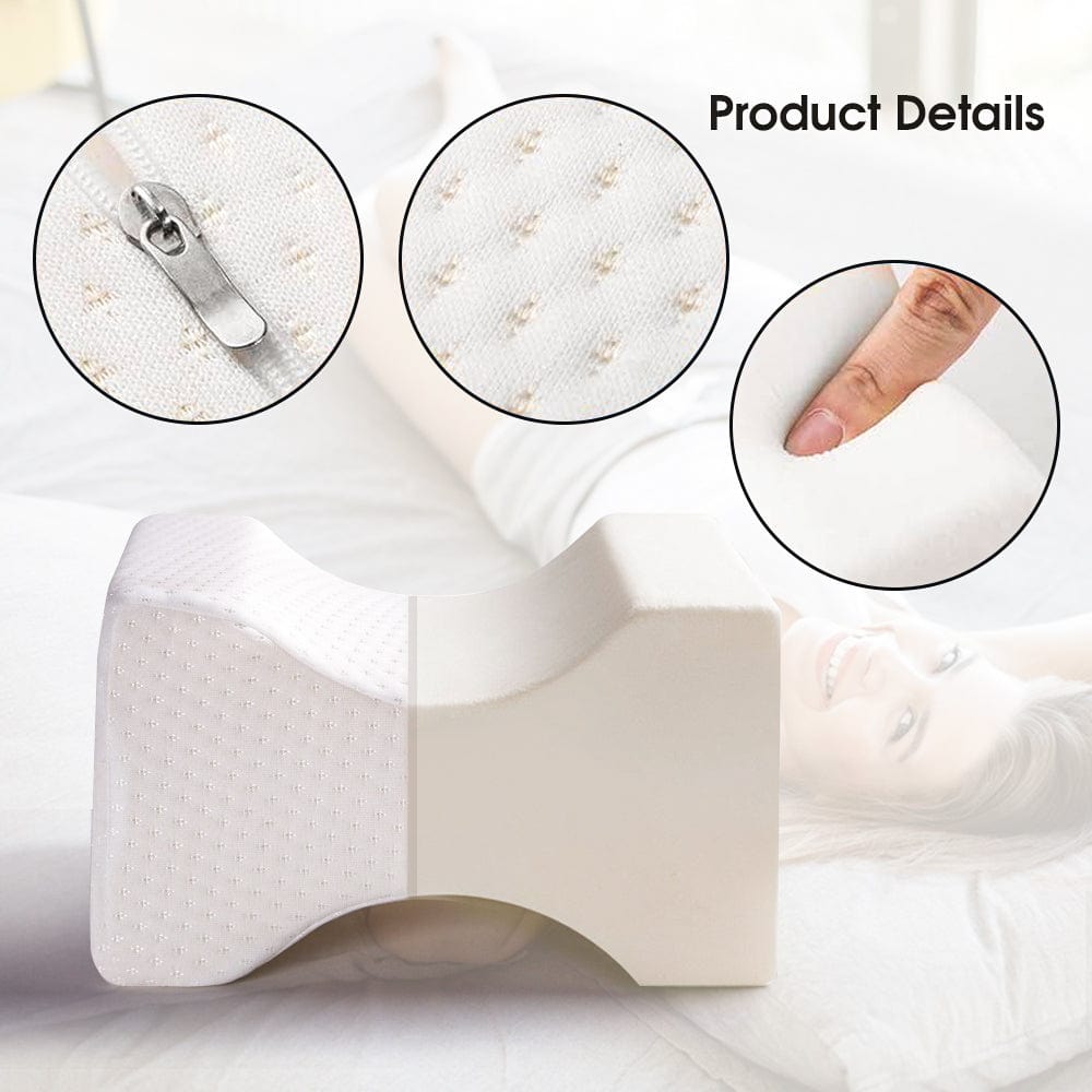 White foam pillow with close-up details on texture, stitching, and a hand holding it.