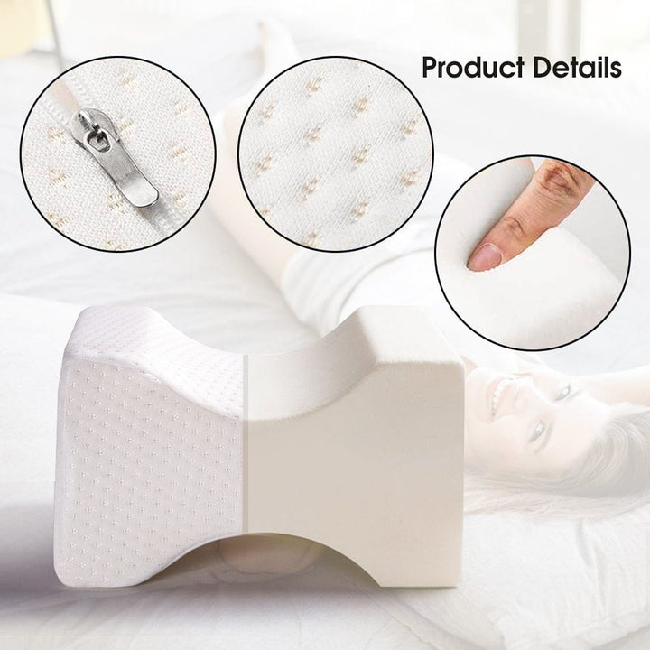 White foam pillow with close-up details on texture, stitching, and a hand holding it.