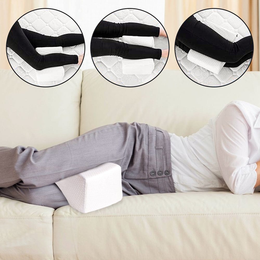 Person using a white wedge pillow on a beige couch with close-up insets showing cushioned areas.