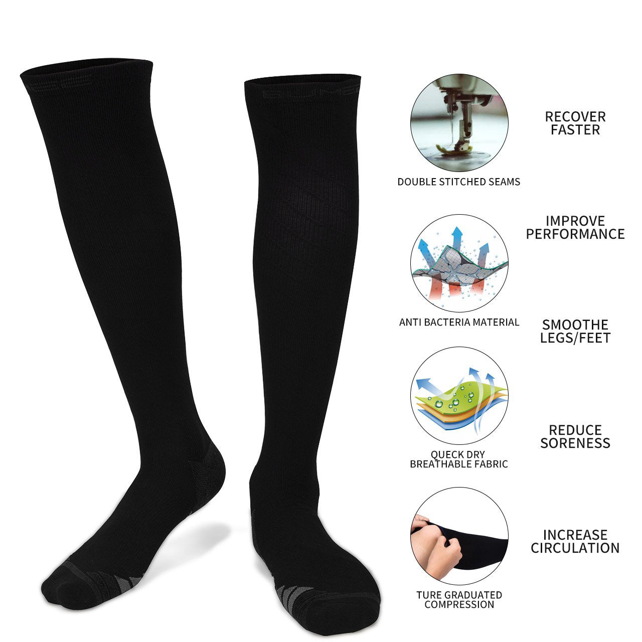 Compression Socks
Reduces swelling
Enhances circulation
Soothes tired, aching legs &amp; feet
Relieves symptoms of Varicose Veins