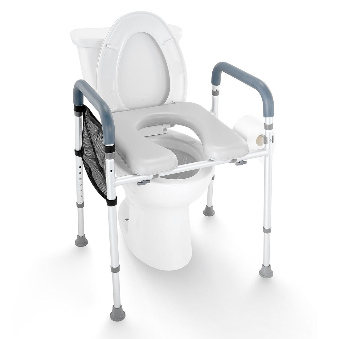 White commode chair with armrests on a white background