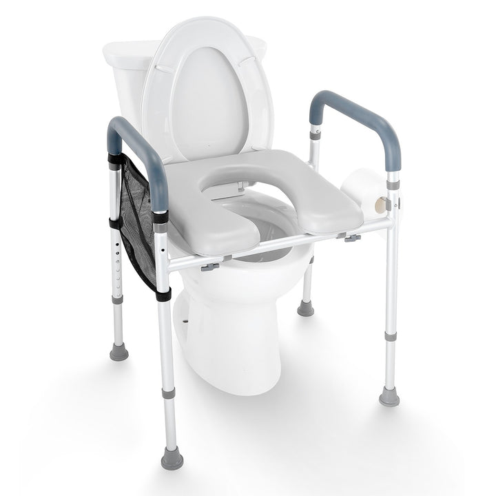 White commode chair with armrests on a white background