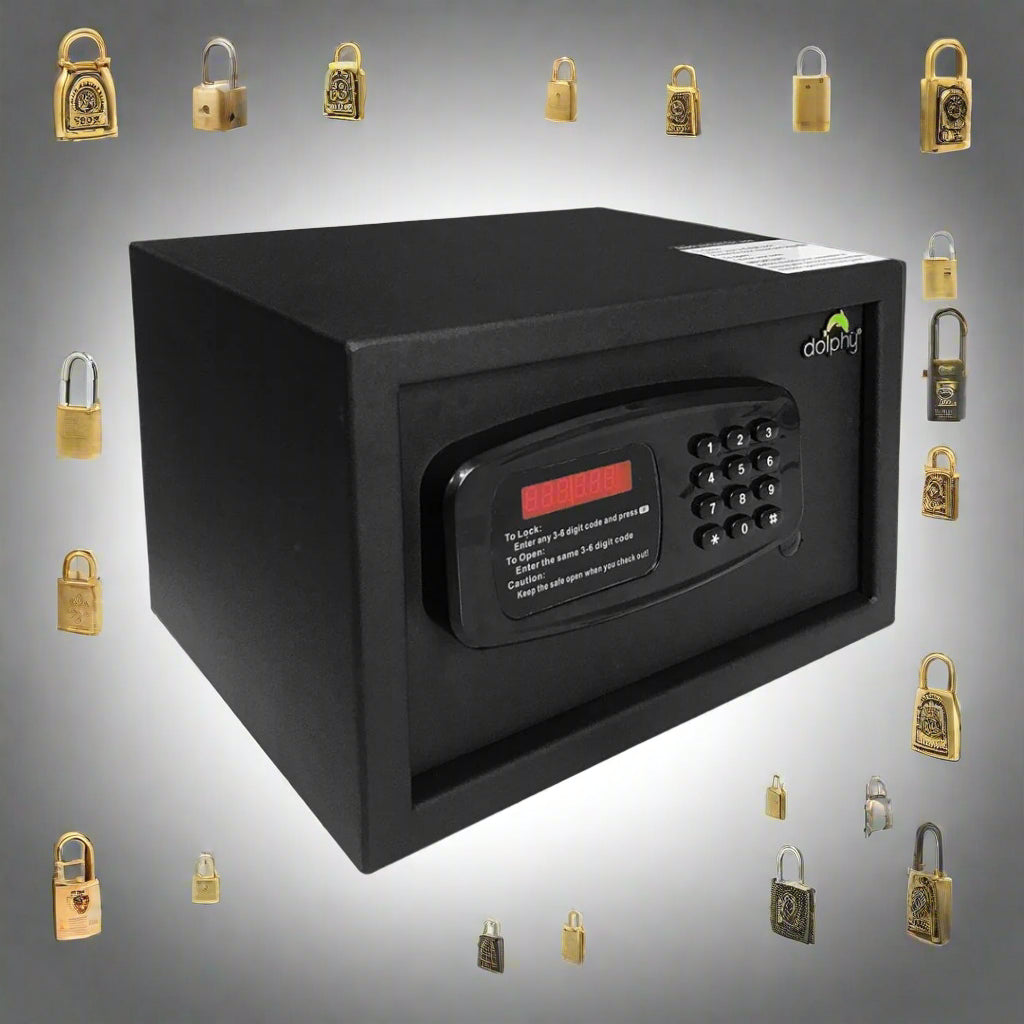 Black safe box with digital keypad, brand is Dolphy
