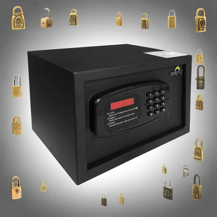 Black safe box with digital keypad, brand is Dolphy