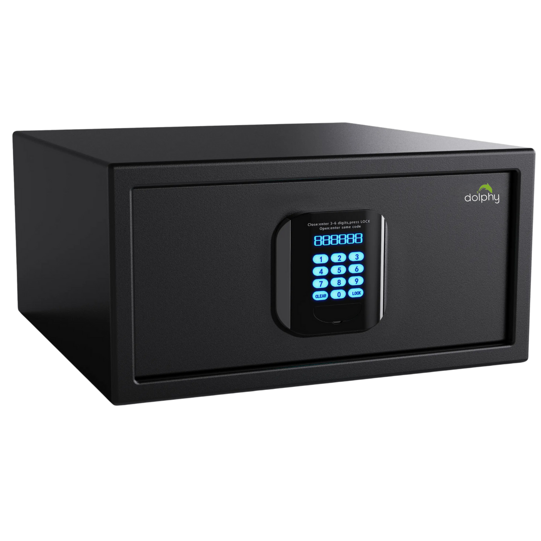 Black digital safe box, key lock back up,  with a visible brand logo on a white background