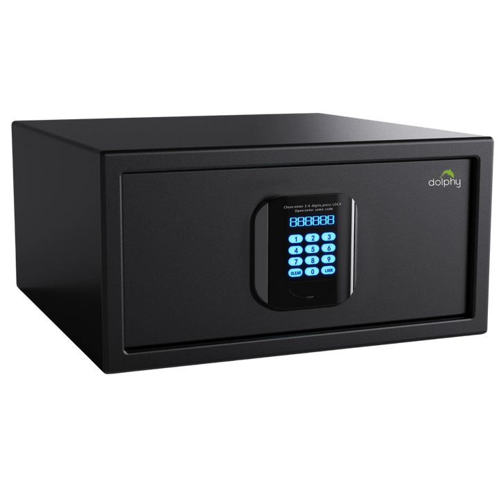 Black digital safe box, key lock back up,  with a visible brand logo on a white background